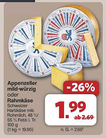 Appenzeller mild-würzig oder Rahmkäse Schweizer Hartkäse mit Rohmilch, 48 % / 55 % Fett i. Tr. 100 g
