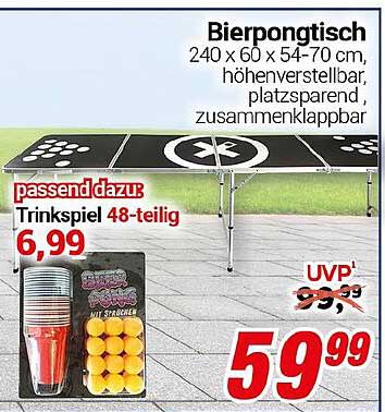 Bierpongtisch 240 x 60 x 54-70 cm, höhenverstellbar, klappbar