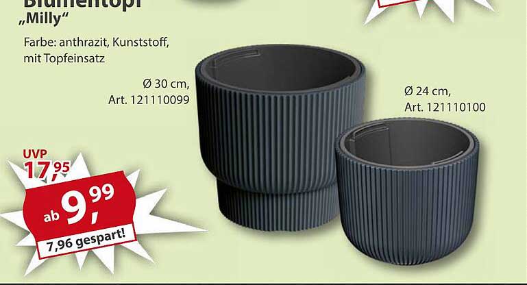 Blumentopf "Milly" - anthrazit, Kunststoff, mit Topfeinsatz