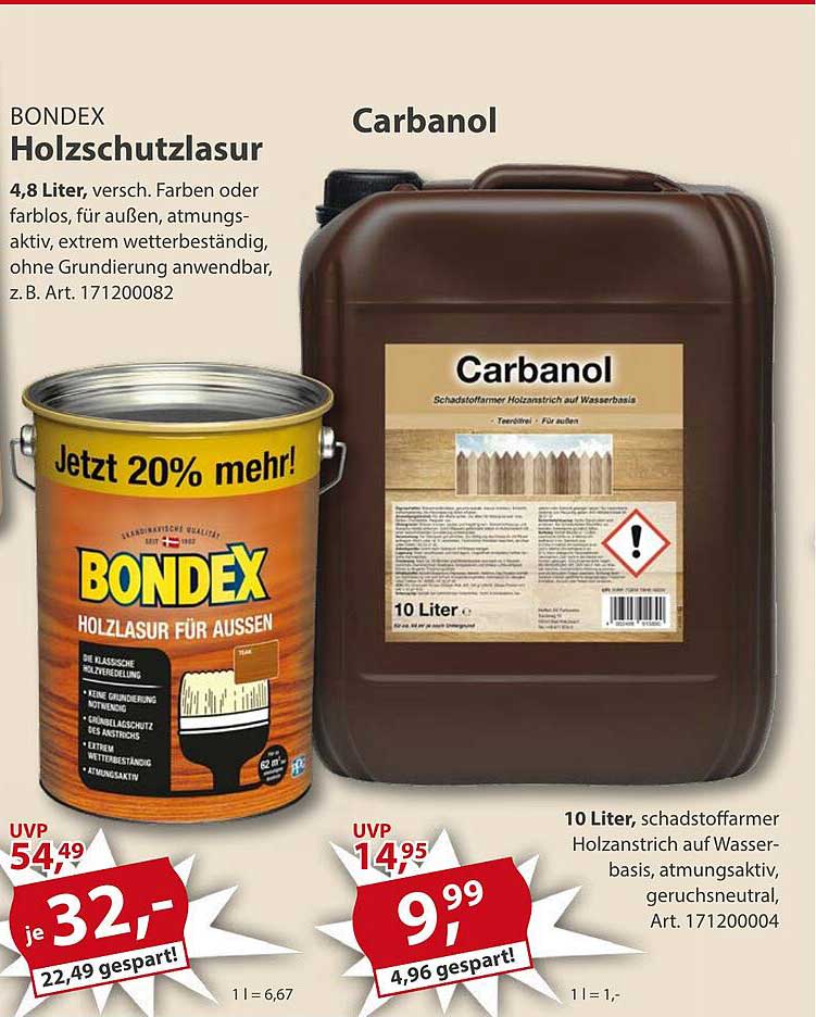 BONDEX Holzschutzlasur 4,8 Liter und Carbanol 10 Liter