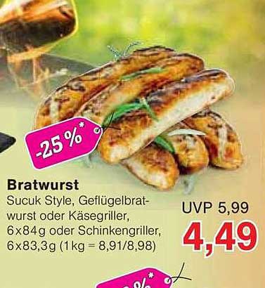 Bratwurst Sucuk Style, Geflügelbratwurst oder Käsegriller 6x84g