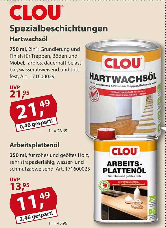CLOU Hartwachsöl 750 ml - 2in1: Grundierung und Finish für Treppen, Böden und Möbel