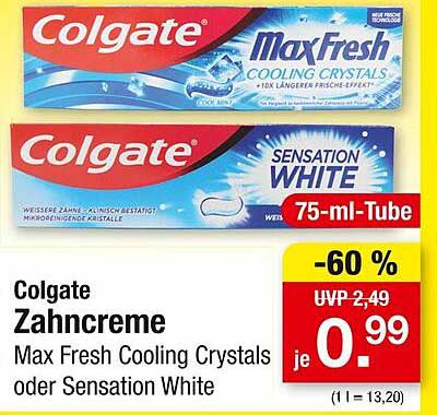 Colgate Zahnpasta Max Fresh Cooling Crystals oder Sensation White 75 ml