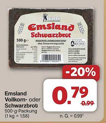 Emsland Vollkorn- oder Schwarzbrot 500-g-Packung
