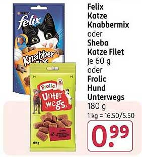 Felix Katze Knabbermix oder Sheba Katze Filet je 60 g oder Frolic Hund Unterwegs 180 g