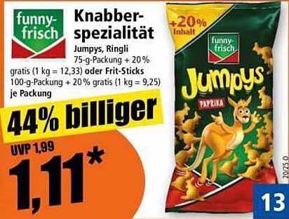 funny-frisch Knabber-Spezialität: Jumpys, Ringli 75-g-Packung + 20% gratis