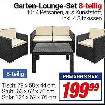 Garten-Lounge-Set 8-teilig für 4 Personen, aus Kunststoff, inkl. 4 Sitzkissen