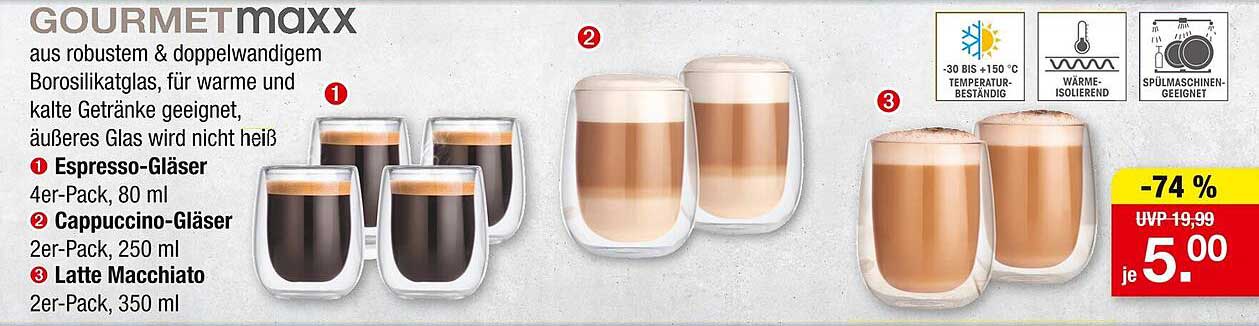GOURMETmaxx Glas - 4er-Pack für Espresso, 2er-Pack für Cappuccino und Latte Macchiato