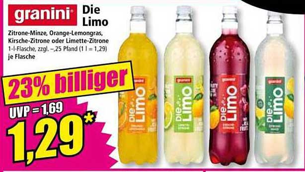 granini Die Limo – Zitrone-Minz, Orange-Lemongras, Kirsche-Zitrone oder Limette-Zitrone