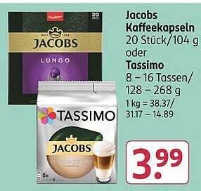 Jacobs Kaffeekapseln 20 Stück/104 g oder Tassimo 8 – 16 Tassen/128 – 268 g
