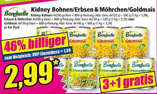 Kidney Bohnen/Erbsen & Möhren/Goldmais 4x200-g-Dose von Bonduelle