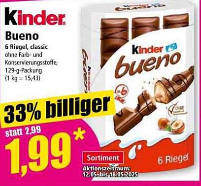 Kinder Bueno 6 Riegel, classic ohne Farb- und Konservierungsstoffe, 129-g-Packung