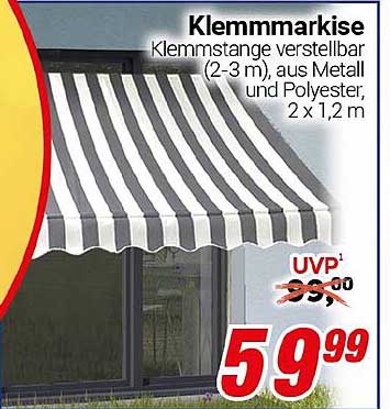 Klemmmarkise - Klemmstange verstellbar (2-3 m), aus Metall und Polyester, 2 x 1,2 m