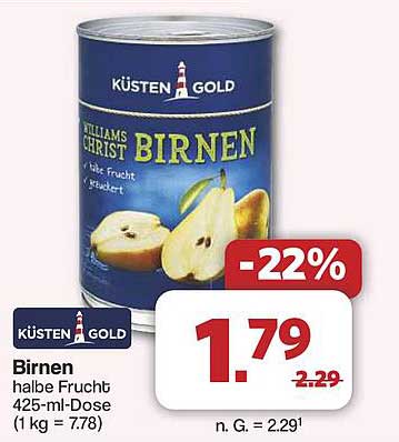 Küsten Gold Birnen halbe Frucht 425-ml-Dose