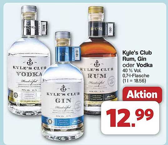 Kyle's Club Rum, Gin oder Vodka 40 % Vol. 0,7-l-Flasche