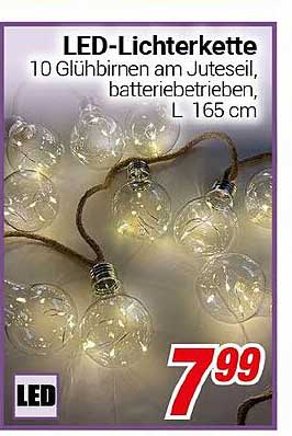 LED-Lichterkette 10 Glühbirnen am Juteseil, batterieeibetrieben, L 165 cm