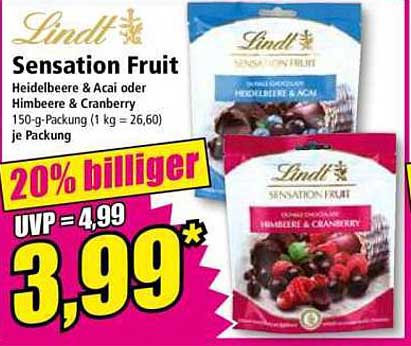 Lindt Sensation Fruit Heidelbeere & Acai oder Himbeere & Cranberry 150 g Packung