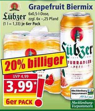 Lübzer Grapefruit Biermix 6er-Pack - jetzt 20% billiger!