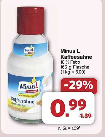 Minus L Kaffeesahne 10 % Fett, 165-g-Flasche