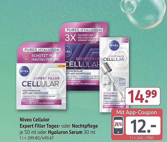 Nivea Cellular Expert Filler Tages- oder Nachtpflege 50 ml oder Hyaluron Serum 30 ml