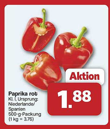 Paprika rot Kl. I, Ursprung: Niederlande/Spanien 500-g-Packung