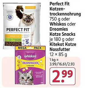 Perfect Fit Katzenfutter 750 g oder Whiskas Dreamies Katze Snacks 180 g