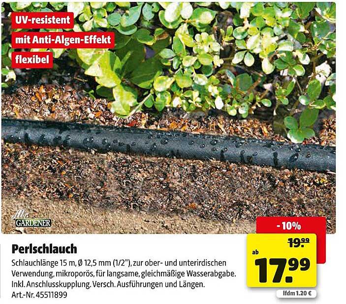 Perlschlauch 15 m, Ø 12,5 mm (1/2") - Flexibler Bewässerungsschlauch mit Anti-Algen-Effekt