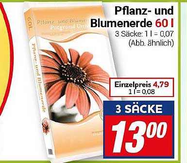 Pflanz- und Blumenerde 60 l - 3 Säcke für 13,00 €
