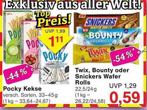 Pocky Kekse und Twix, Bounty oder Snickers Wafer Rolls zum Top Preis!
