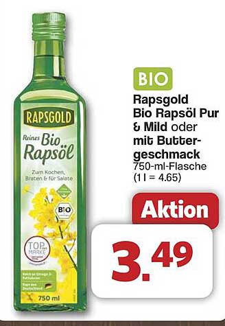 Rapsgold Bio Rapsöl Pur & Mild oder mit Buttergeschmack 750-ml-Flasche