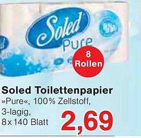 Soled Toilettenpapier »Pure«, 100% Zellstoff, 3-lagig, 8 x 140 Blatt