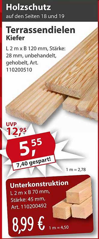 Terrassendielen Kiefer 2 m x 120 mm, Stärke: 28 mm, unbehandelt