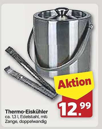 Thermo-Eiskühler ca. 1,3 l, Edelstahl, mit Zange, doppelwandig