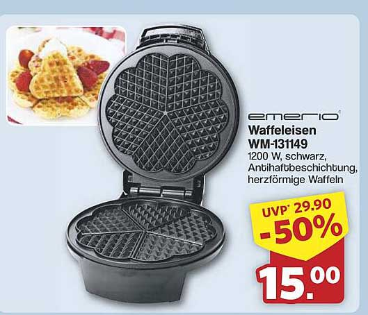 Waffeleisen WM-13149 von Emerio, 1200 W, schwarz, antihaftbeschichtet, herzförmige Waffeln