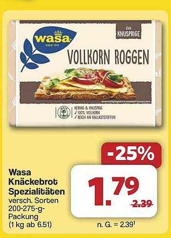 Wasa Knäckebrot Vollkorn Roggen - 25% Preisnachlass
