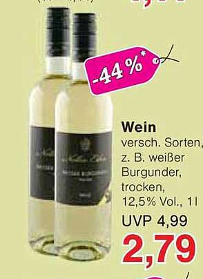Wein verschiedene Sorten wie z. B. weißer Burgunder, trocken, 12,5% Vol., 1l