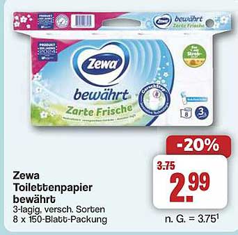 Zewa Toilettenpapier bewährt 3-lagig, verschiedene Sorten, 8 x 150-Blatt-Packung