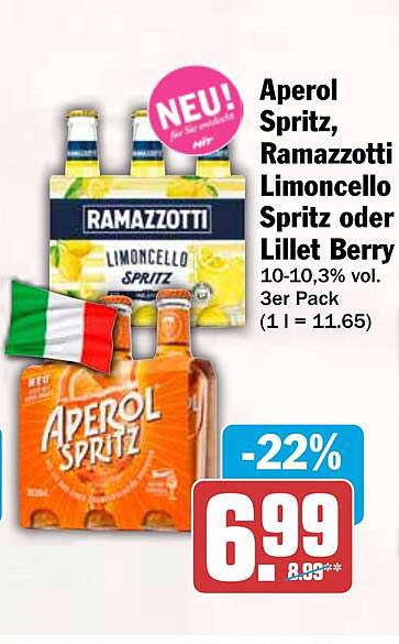 Aperol Spritz, Ramazotti Limoncello Spritz oder Lillet Berry 10-10,3% vol. 3er Pack (1 l = 11.65)