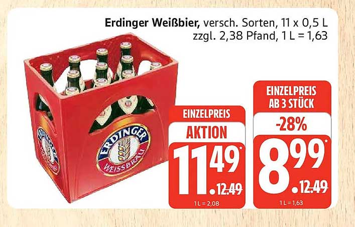 Erdinger Weißbier, versch. Sorten, 11 x 0,5 L zzgl. 2,38 Pfand, 1 L = 1,63