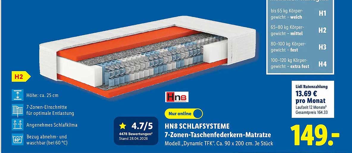 HN8 SCHLAFSYSTEME 7-Zonen-Taschenfederkern-Matratze Modell „Dynamic TFK“. Ca. 90 x 200 cm. Je Stück