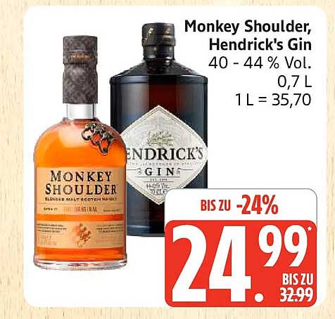 Monkey Shoulder, Hendrick's Gin 40 - 44 % Vol. 0,7 L 1 L = 35,70