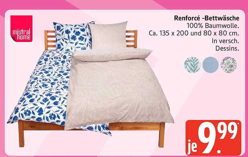 Renforcé -Bettwäsche 100% Baumwolle. Ca. 135 x 200 und 80 x 80 cm. In versch. Dessins.