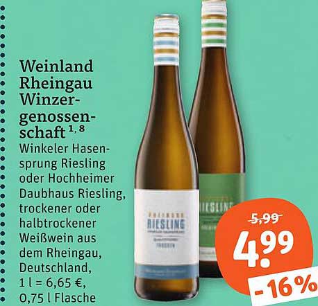 Weinland Rheingau Winzer-genossen-schaft 1,8 Winkeler Hasen-sprung Riesling oder Hochheimer Daubhaus Riesling, trockener oder halbtrockener Weißwein aus dem Rheingau, Deutschland, 1 l = 6,65 €, 0,75 l Flasche