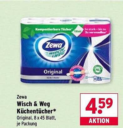Zewa Wisch & Weg Küchentücher* Original, 8 x 45 Blatt, je Packung