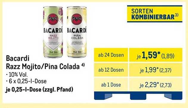 Bacardi Razz Mojito/Pina Colada - Erfrischende Cocktails aus der Dose