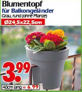 Blumentopf für Balkongeländer Grau, rund (ohne Pflanze)
