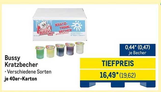 Bussy Kratzbecher - Verschiedene Sorten im 40er-Karton