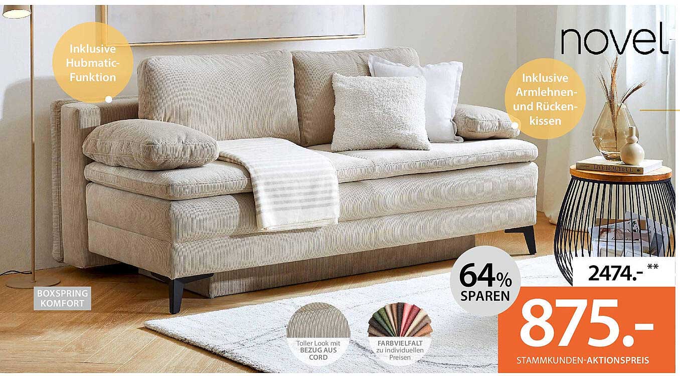 Stylische Boxspringcouch mit Hubmatic-Funktion und Kissen