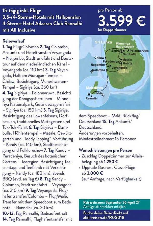 15-tägig inkl. Flüge 3.5-/4-Sterne-Hotels mit Halbpension 4-Sterne-Hotel Adaaran Club Rannalhi mit All Inclusive