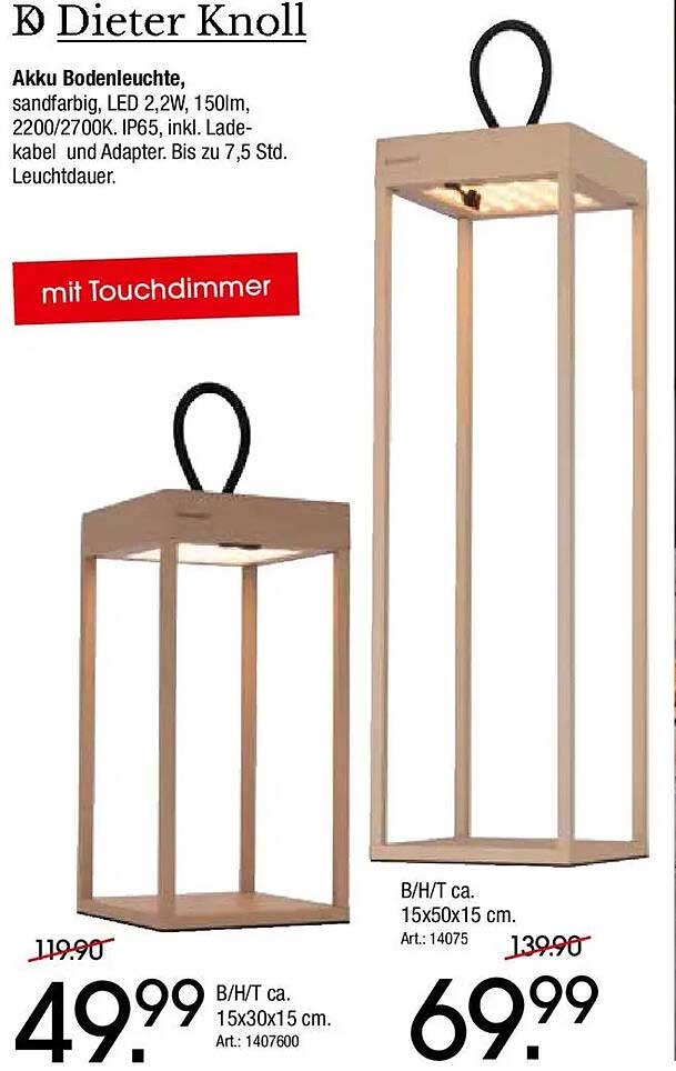 Akku Bodenleuchte, sandfarbig, LED 2,2W, 150lm, 2200/2700K, IP65, inkl. Ladekabel und Adapter. Bis zu 7,5 Std. Leuchtdauer. mit Touchdimmer